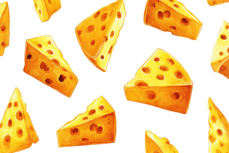 A fun and cheesy design featuring wedges of yellow Swiss cheese with characteristic holes. This tasty watercolor pattern on a blank layer is delicious.の素材