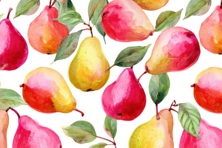 A sweet and rustic design of ripe red and yellow pears hanging from branches with leaves. This fruity watercolor pattern on a blank layer is wholesome.の素材