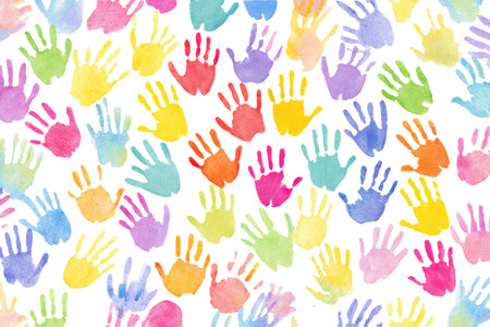 A playful and creative design of colorful handprints in a rainbow of watercolor paints. This fun watercolor pattern on a blank layer is perfect for kids.の素材