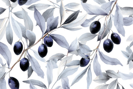 A sophisticated and serene design of olive branches with black olives and silvery leaves. This classic watercolor pattern on a blank layer is timeless.の素材