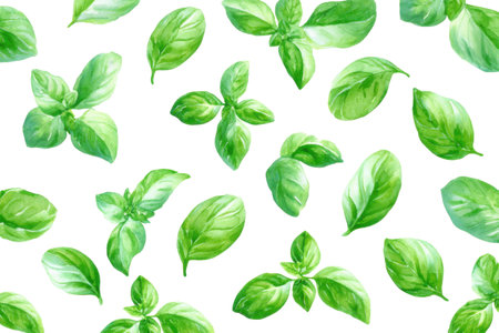 A fragrant and culinary-themed design of fresh green basil leaves, perfect for kitchens. This herbal watercolor pattern on a blank layer looks great.の素材