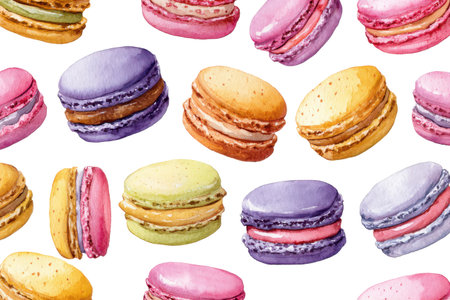 A delicate and sweet design of pastel-colored French macarons, a delightful treat. This gourmet watercolor pattern on a blank layer is light and airy.の素材