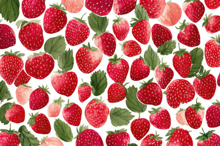 A delicious design of ripe, juicy red strawberries scattered with green leaves. This fresh watercolor pattern on a blank layer is perfect for summer.の素材