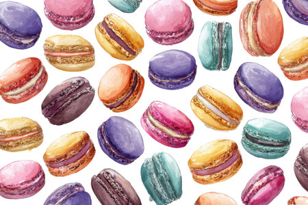 A delicious and chic design featuring colorful French macaron cookies in various flavors. This sweet watercolor pattern on a blank layer is very elegant.の素材