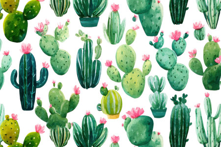A trendy and cute design of various green cacti with small pink blooming flowers. This desert watercolor pattern on a blank layer is very stylish.の素材