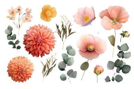 A lovely collection of watercolor peach dahlias, pink anemones, and eucalyptus. Colorful floral clip art for creating elegant wedding and fashion designs.の素材