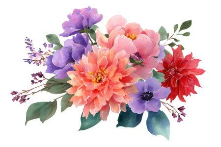 A beautiful summer bouquet of colorful watercolor flowers, including dahlias and anemones. This floral clip art is ideal for wedding decor, fashion, and textiles.の素材