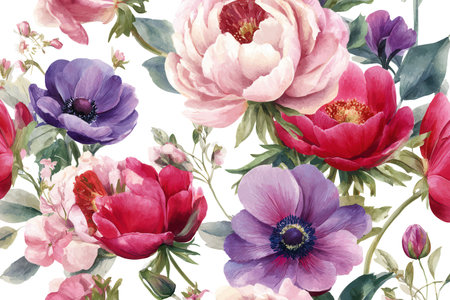 A beautiful seamless pattern with rich red watercolor peonies and deep purple anemones. This colorful floral clip art is ideal for dramatic wedding and fashion textiles.の素材