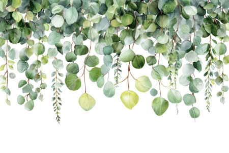 A lush seamless top border of hanging watercolor eucalyptus leaves and branches. This colorful, natural clip art is ideal for wedding invitations and textile design.の素材