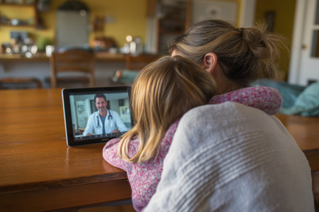 A mother comforts her daughter with a hug while they have a telehealth consultation on a tablet with a male doctor, finding reassurance in virtual care.の素材