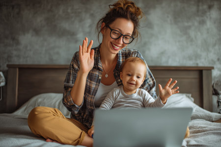 A happy mother and her cheerful toddler son wave at a laptop screen during a fun and friendly telehealth consultation with their pediatrician from their bed.の素材