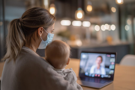 Viewed from behind, a mother wearing a protective face mask holds her baby while participating in a telehealth video call with a doctor for a safe check-up.の素材