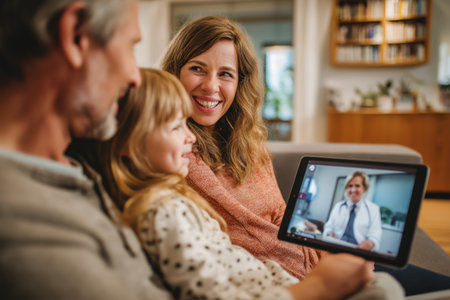 A smiling mother, father, and their young daughter have a group telehealth video call with a female doctor on a tablet, showcasing modern family healthcare.の素材