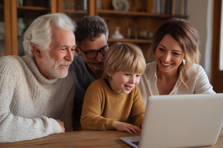 A happy family, including a child, parents, and a grandfather, gathers around a laptop for a cheerful group telehealth consultation or video chat at home.の素材