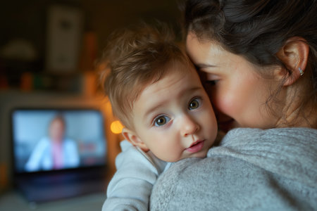 An adorable baby with big, curious eyes looks over its mother's shoulder at the camera, with a telehealth video call happening on a laptop in the background.の素材