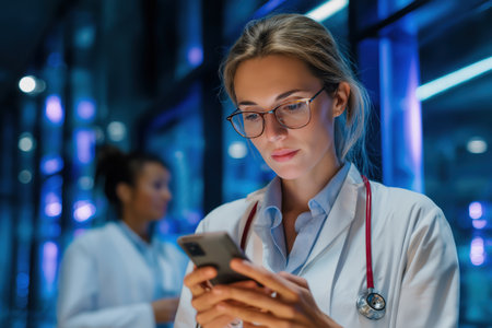 A focused female doctor in a modern clinic uses her smartphone, likely for a telehealth consultation or to review patient information for remote child care.の素材