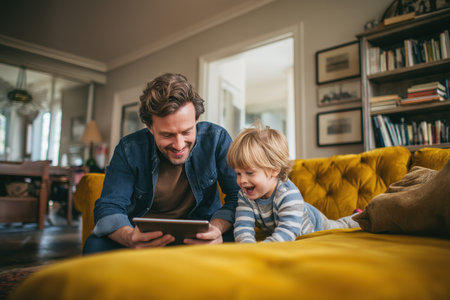 A happy father and his toddler son are on the floor, smiling and looking at a tablet together, possibly using a child-friendly telehealth or educational app.の素材