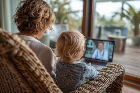 A mother and her young son, seen from behind, sit in a wicker chair and have a telehealth video consultation with a doctor on a laptop at home.の素材