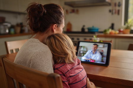 A mother holds her son close as they sit at the kitchen table and watch a male doctor on a tablet during a telehealth appointment, offering comfort and support.の素材