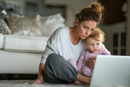 A mother is worried in a messy bun holds her curious toddler while they both look intently at a laptop, engaged in a serious telehealth medical consultation.の素材