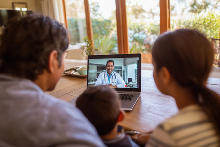 A family, seen from behind, is having a telehealth video call on a laptop with a friendly and reassuring African American male doctor from their home.の素材