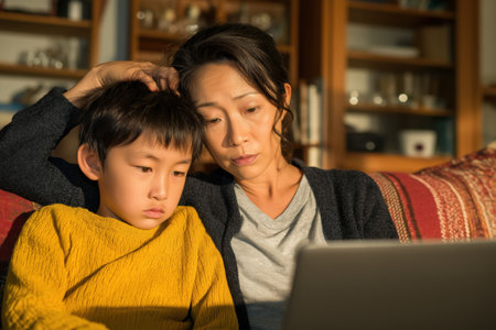 An Asian mother strokes her son's hair with a worried expression as they both focus on a laptop screen during a serious telehealth consultation at home.の素材