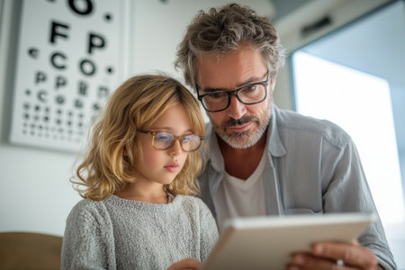 A father helps his young daughter, both wearing glasses, use a tablet in front of an eye chart, representing pediatric vision care and telehealth.の素材