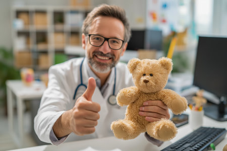 A smiling male doctor holds a teddy bear and gives a thumbs-up, representing friendly and approachable pediatric telemedicine and telehealth services.の素材