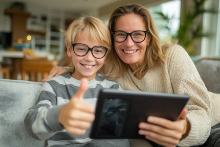 A smiling boy with glasses gives a thumbs-up next to his mother as they use a tablet, showing satisfaction with a pediatric telehealth consultation.の素材