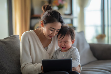 A caring Asian mother soothes her crying infant while they use a digital tablet for a telehealth consultation with a pediatrician to address the baby's needs.の素材