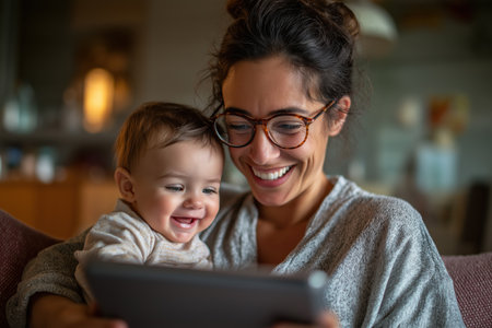A joyful mother wearing glasses holds her smiling baby as they look at a tablet, having a happy and positive telehealth experience with their family doctor.の素材