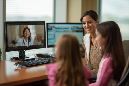 Two young sisters sit at a desk in a professional setting, having a telehealth video consultation with a smiling female doctor on a computer monitor.の素材