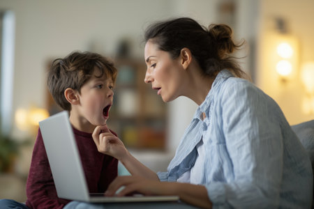 A mother carefully looks into her son's open mouth, describing his symptoms to a doctor during a telehealth video call on their laptop from the living room.の素材
