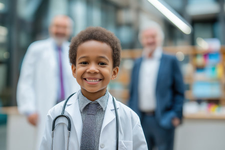 A joyful young African American boy in a doctorâs coat smiles for the camera, symbolizing a new generation in pediatric healthcare and telemedicine.の素材