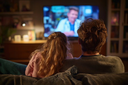 A father and his young daughter sit on a couch and watch a television screen displaying a doctor, representing telehealth integration with smart TVs.の素材