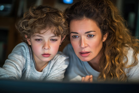 In a dimly lit room, a mother and her young son are completely focused on a screen, engaged in a serious nighttime telehealth call about the child's health.の素材