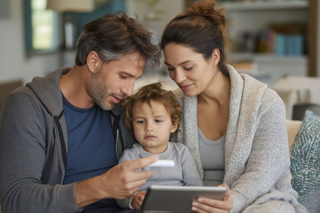 A concerned mother and father check a thermometer with their young son while also using a tablet, likely for a telehealth call to discuss the child's fever.の素材