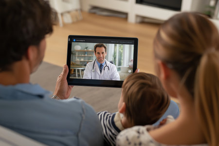A family with a young child, seen from behind, holds up a tablet to have a video consultation with a smiling male doctor, embracing modern telehealth.の素材