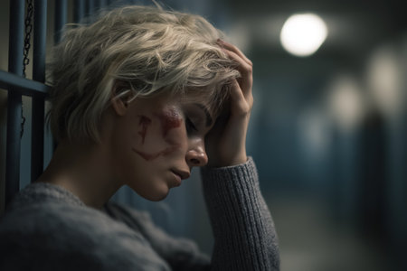 A young female intimate with visible injuries on her face sits in a prison cell, her expression filled with sadness, regret, and deep emotional pain.の素材