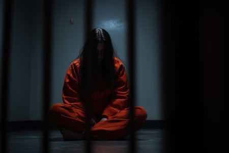 A woman in an orange prison uniform sits on the floor of a dark jail cell, her head buried in her knees, completely engulfed in shadow and despair.の素材
