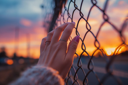 A woman's hand with pink nail polish gently touches a chain-link fence, with a beautiful, colorful sunset in the background, symbolizing a hope for freedom.の素材