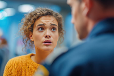 A close-up of a distressed young woman with curly hair, her face filled with worry and confusion as she speaks with a police officer out of focus.の素材