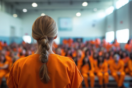 A back view of a woman with a braided ponytail, wearing an orange jumpsuit, standing in front of a large, blurred group of fellow female prisoners.の素材