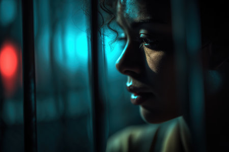 A dramatic close-up profile of a young woman behind prison bars, her face illuminated by a cold, blue light, creating a sense of isolation and sorrow.の素材