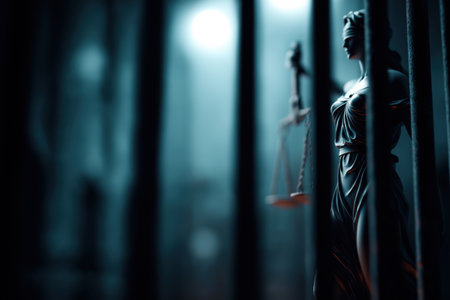 A dramatic and symbolic image of a statue of Lady Justice, blindfolded and holding her scales, seen behind prison bars in a dark and atmospheric prison.の素材