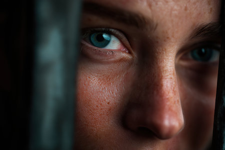 An intimate and dramatic close-up of a young woman's single blue eye, filled with emotion, as she peeks through a narrow gap between dark prison bars.の素材