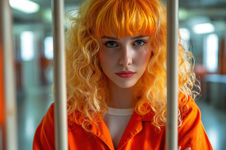 A striking young woman with vibrant curly orange hair and intense blue eyes stars directly at the camera from behind the bars of a prison cell.の素材