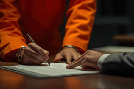Close-up on a female prisoner's handcuffed hands as she signs a legal document with a pen, guided by the finger of her attorney in a suit.の素材