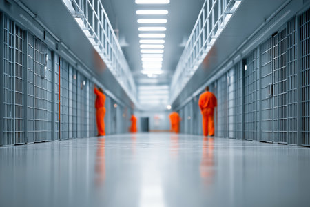 A long, sterile corridor of a modern prison, with blurred figures of female inmates in orange jumpsuits visible in their cells. Focus on the architecture.の素材