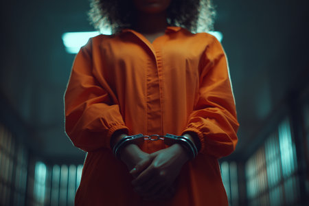 A faceless shot of a female intimate from the chest down, wearing an orange prison jumpsuit with her hands cuffed in front of her in a dark corridor.の素材